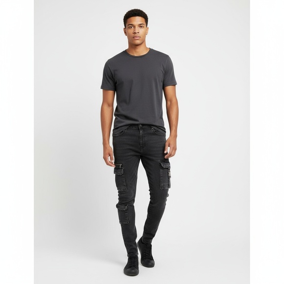Mens Skinny Cargo Jeans Size 40x30 Washed Black Zipper Buckle Accents Streetwear - Picture 1 of 11